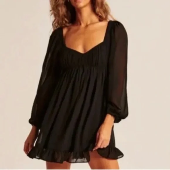 Abercrombie & Fitch Long Sleeve Ruched Babydoll Mini Dress - SIZE MEDIUM - Picture 4 of 7